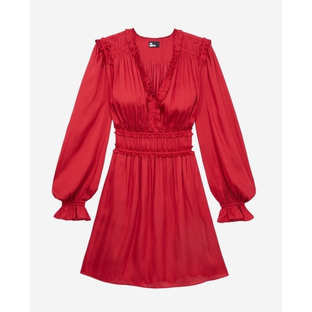 The Kooples NEW Red Ruffle V Neck Long Sleeve Smocked Waist Midi Dress FR 1/US S